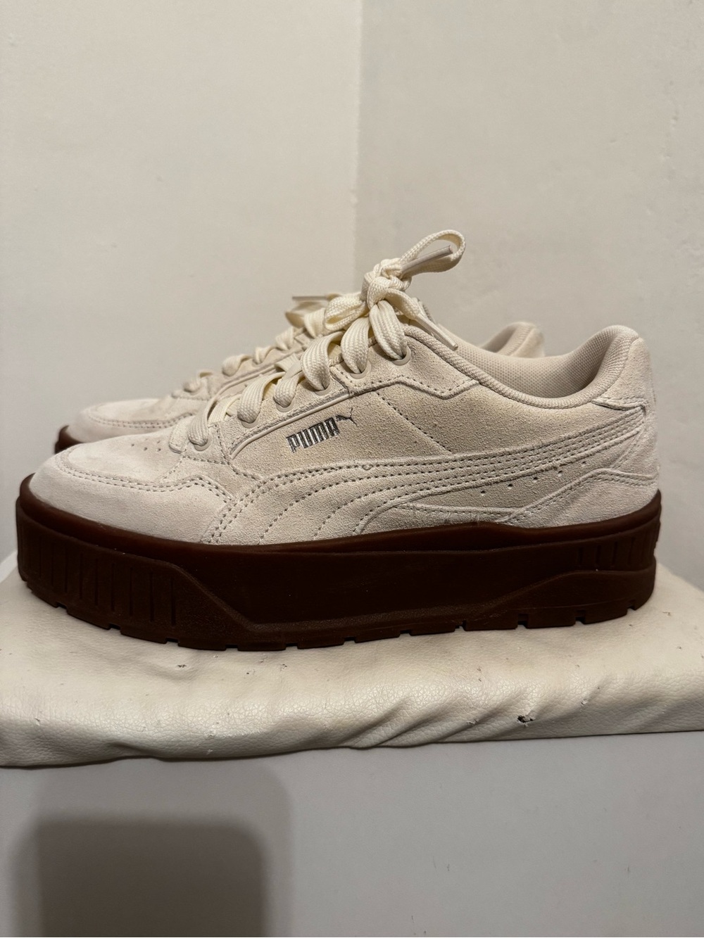 Puma Women's Cream Suede Platform Sneakers with Brown Sole